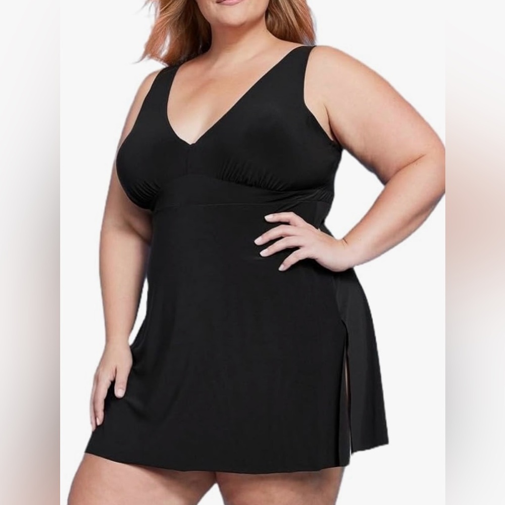 NWT AQUA GREEN Women's UPF 50 V-Neck Side Slit One Piece Swimsuit Dress Size 18